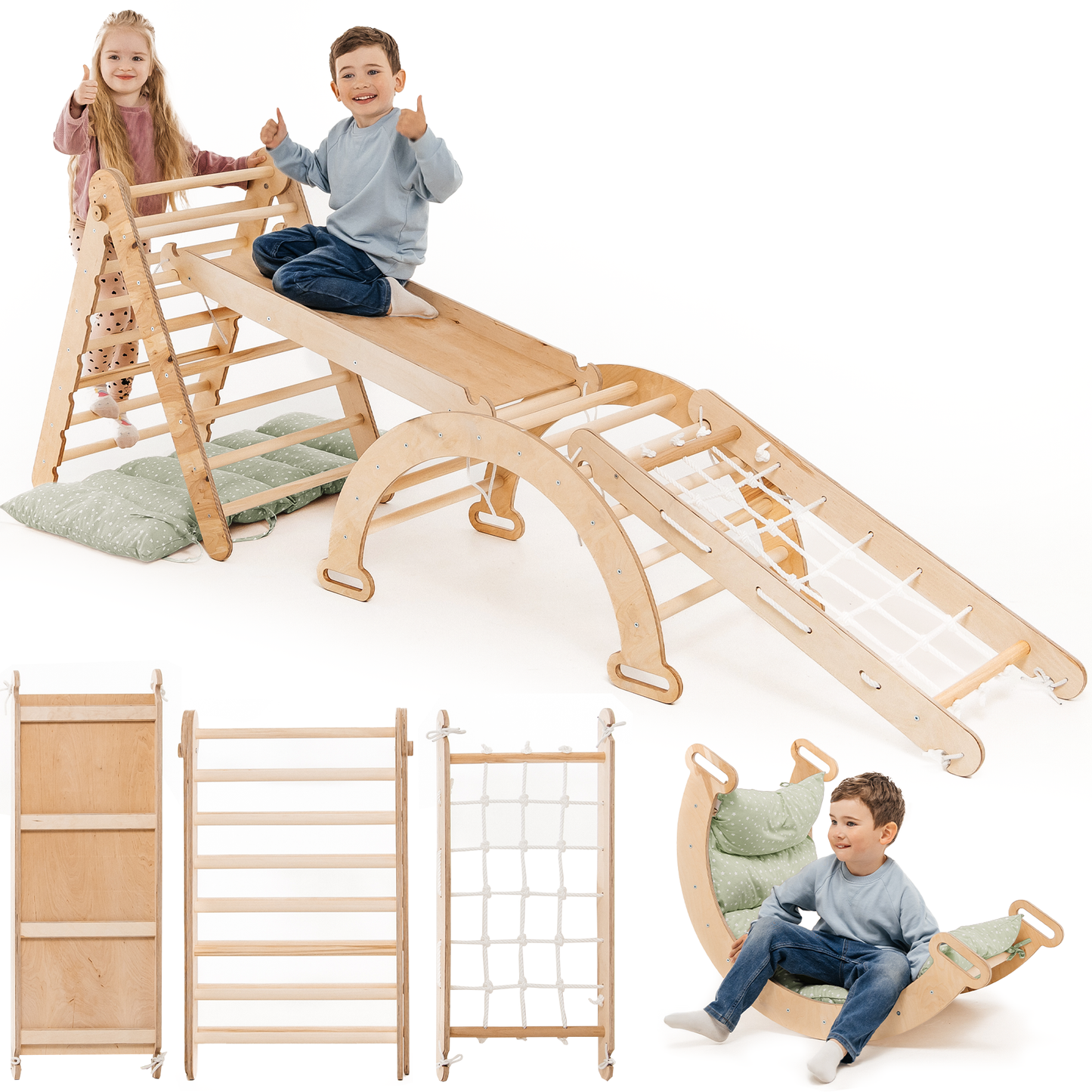 Climbing triangle with Slide, Climbing Arch, Climbing Net, And Cushions.-5