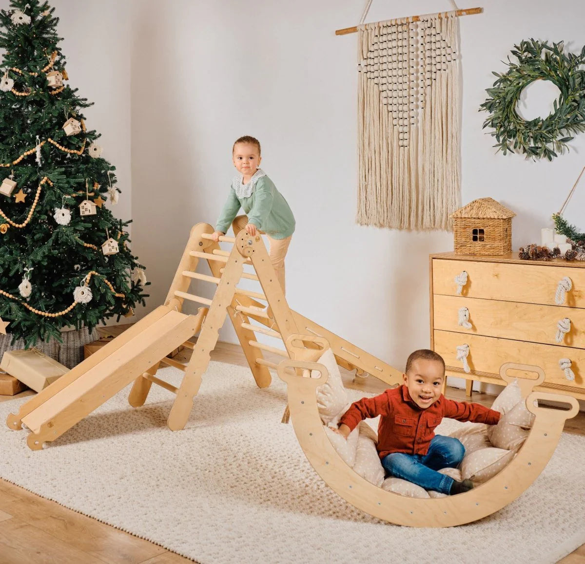 Climbing triangle with Slide, Climbing Arch, Climbing Net, And Cushions.-0