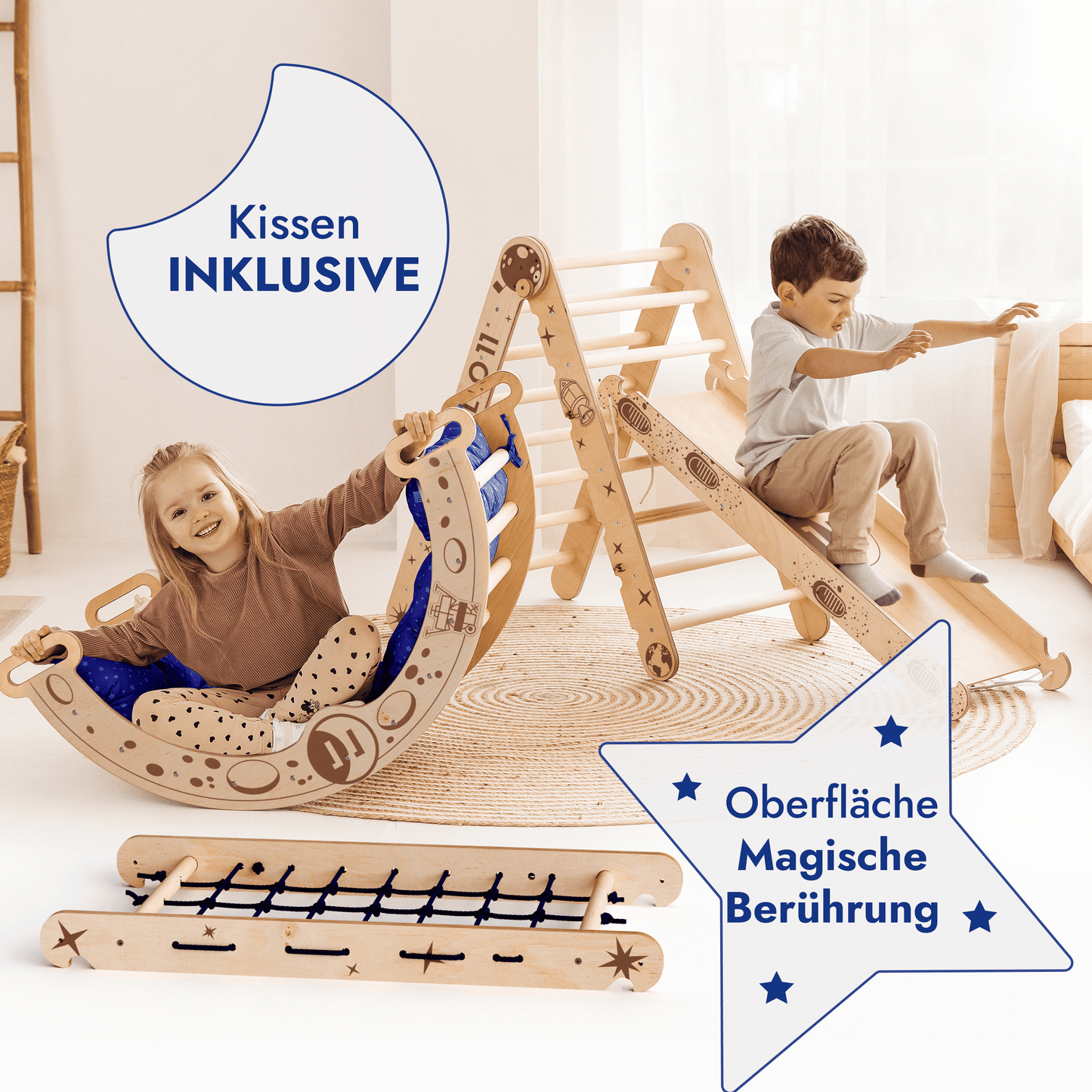 Apollo 5-in-1 climbing set: Pikler triangle, climbing arch, slide board, cushion, and net for little astronauts-1