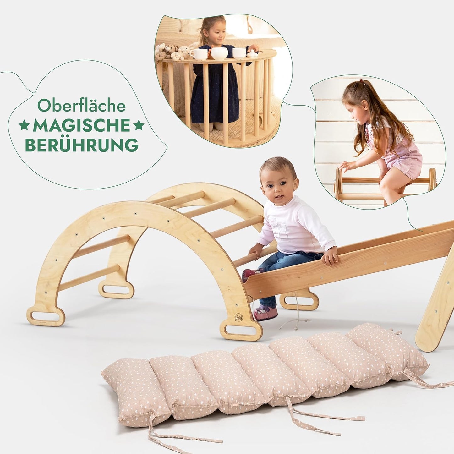 Climbing triangle with Slide, Climbing Arch, Climbing Net, And Cushions.-3