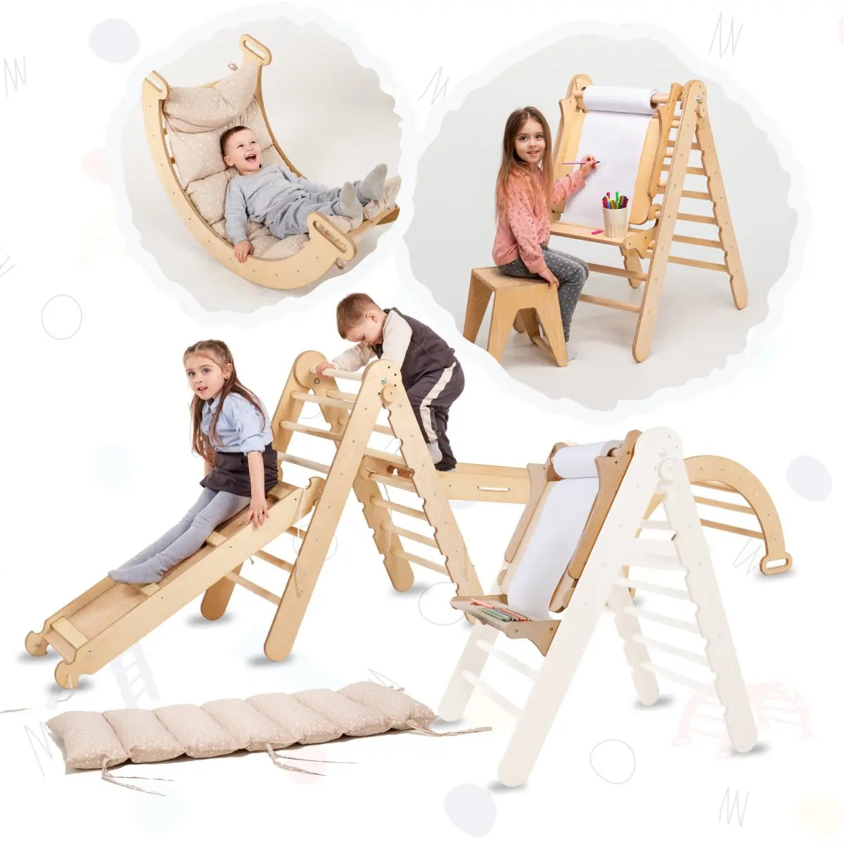 6-in-1 Montessori Climbing Frame Set Beige-0