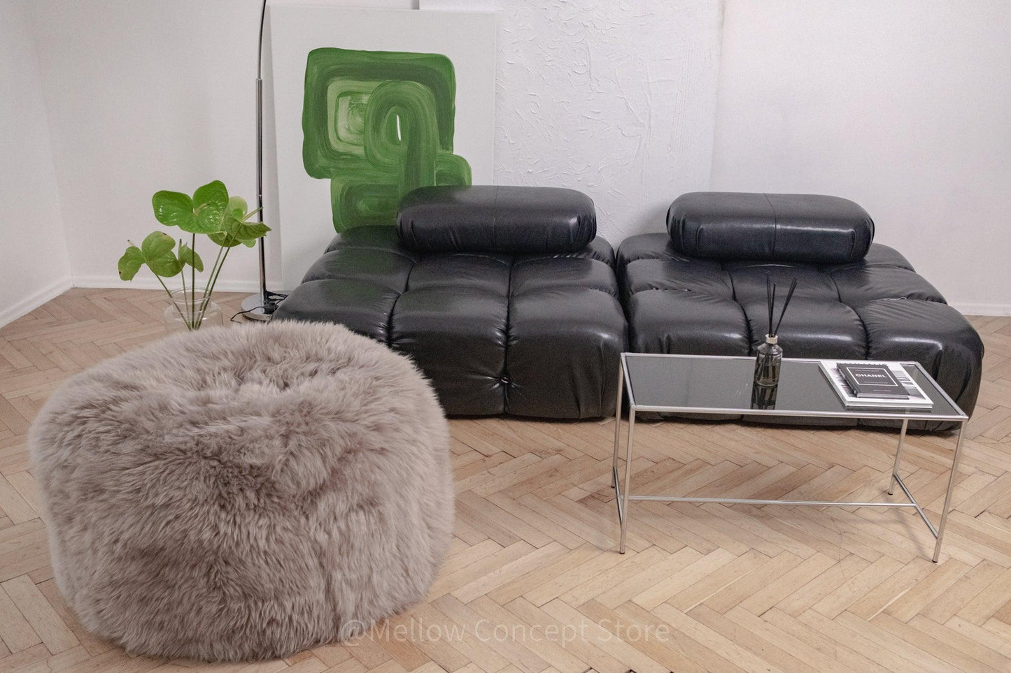 Natural Sheepskin Pouf / Ottoman - Greige-2