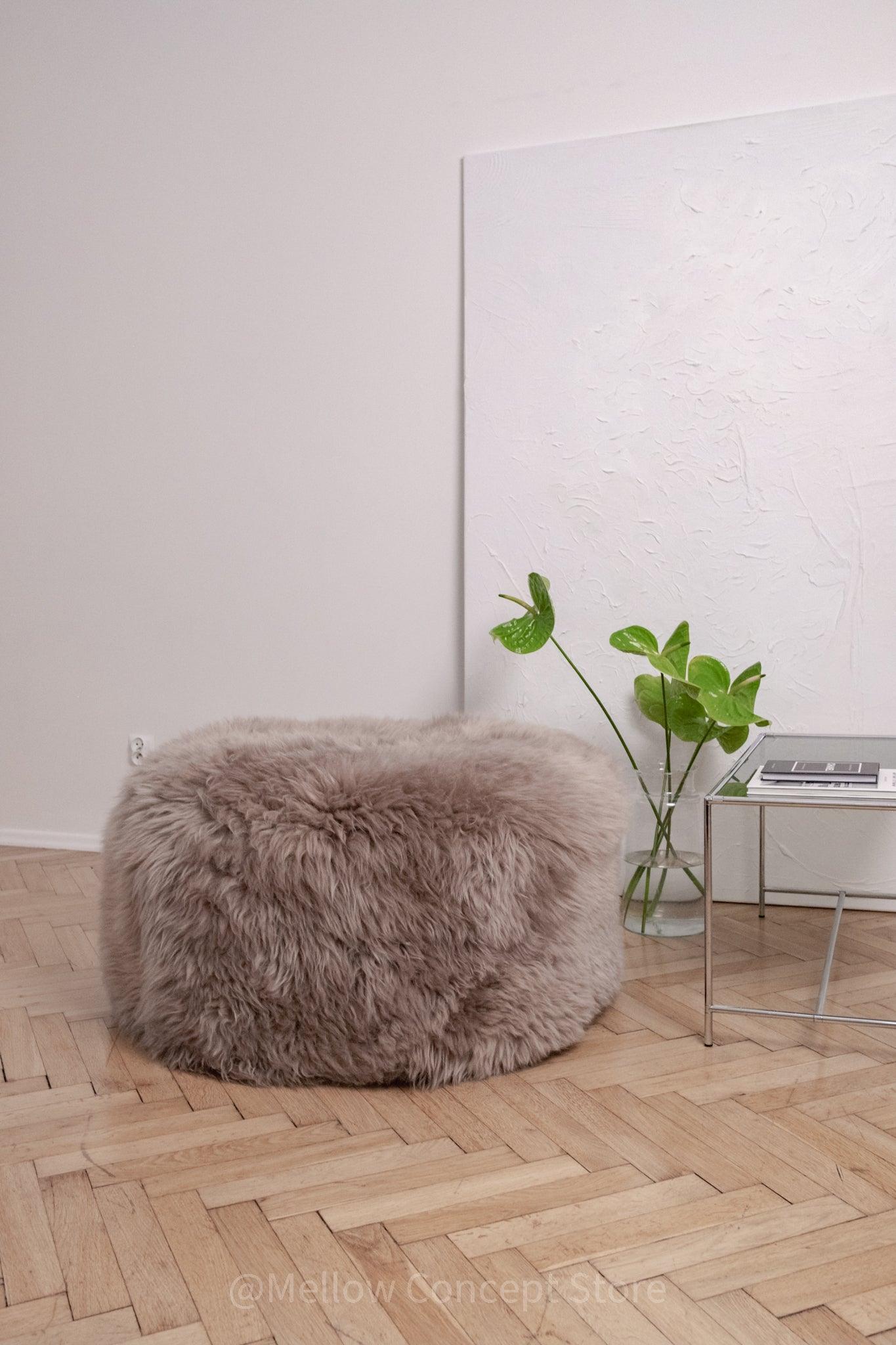 Natural Sheepskin Pouf / Ottoman - Greige-0