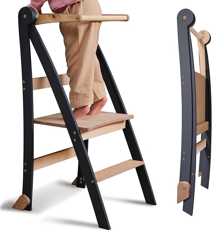 Wooden Montessori learning ladder: Stool for children - Graphite-0