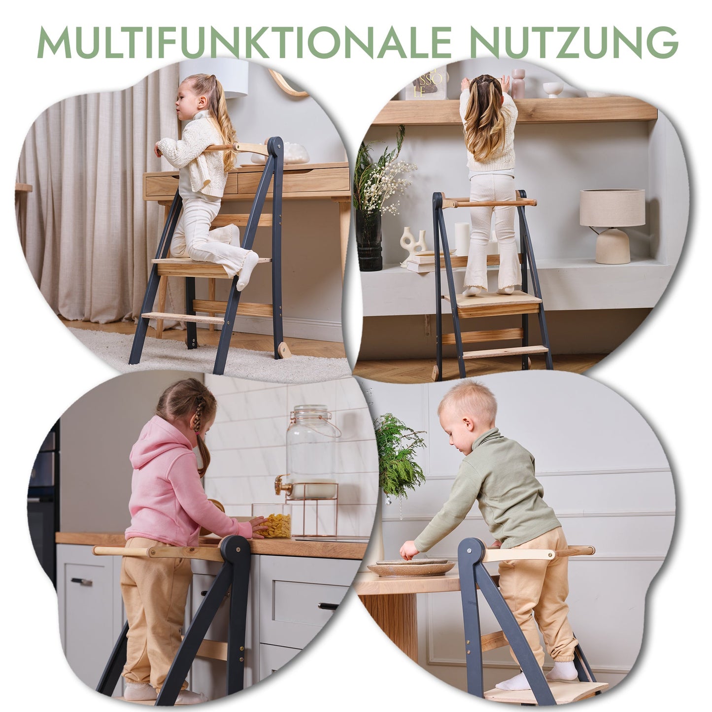 Wooden Montessori learning ladder: Stool for children - Graphite-4