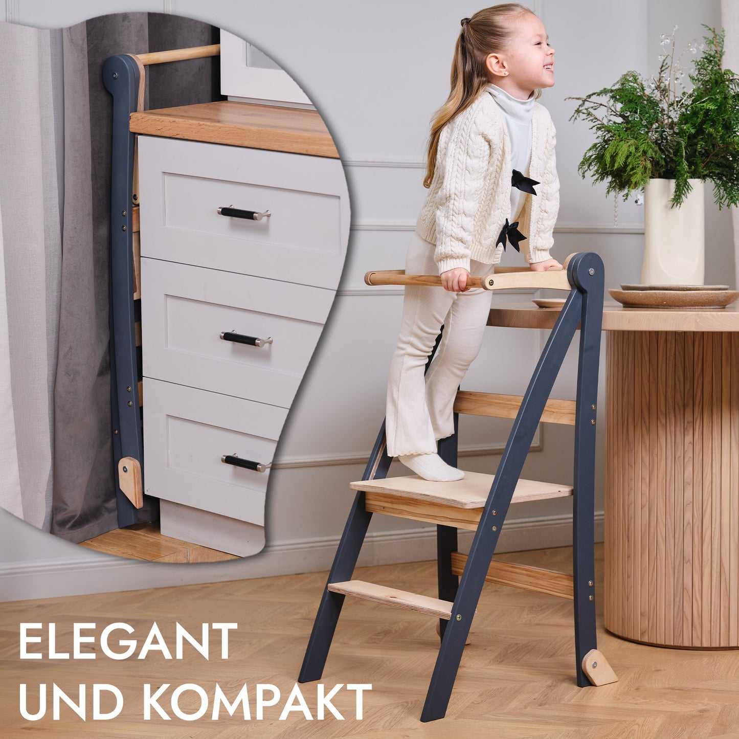 Wooden Montessori learning ladder: Stool for children - Graphite-3