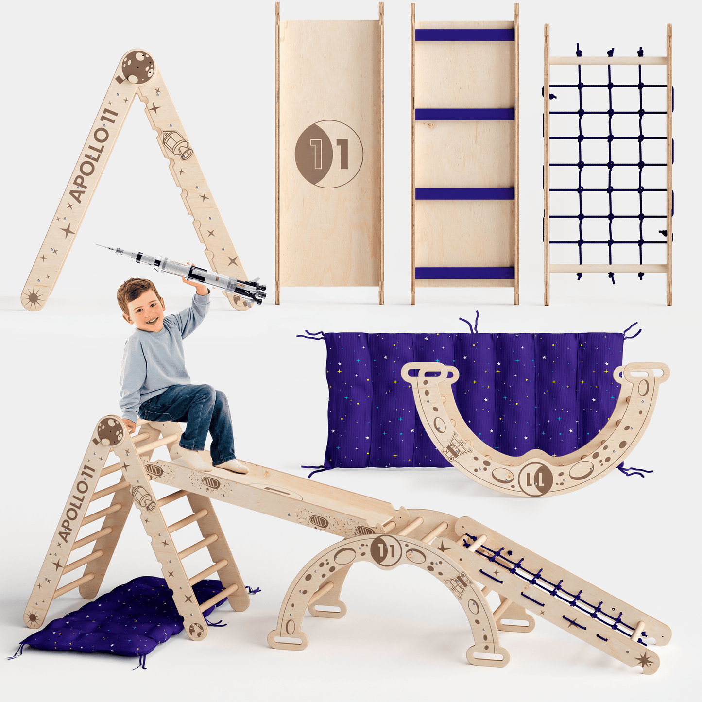 Apollo 5-in-1 climbing set: Pikler triangle, climbing arch, slide board, cushion, and net for little astronauts-0