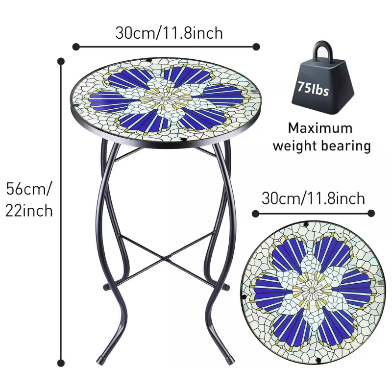 1pc Art Deco Mosaic Patio Side Table with Blue Flower Pattern-4