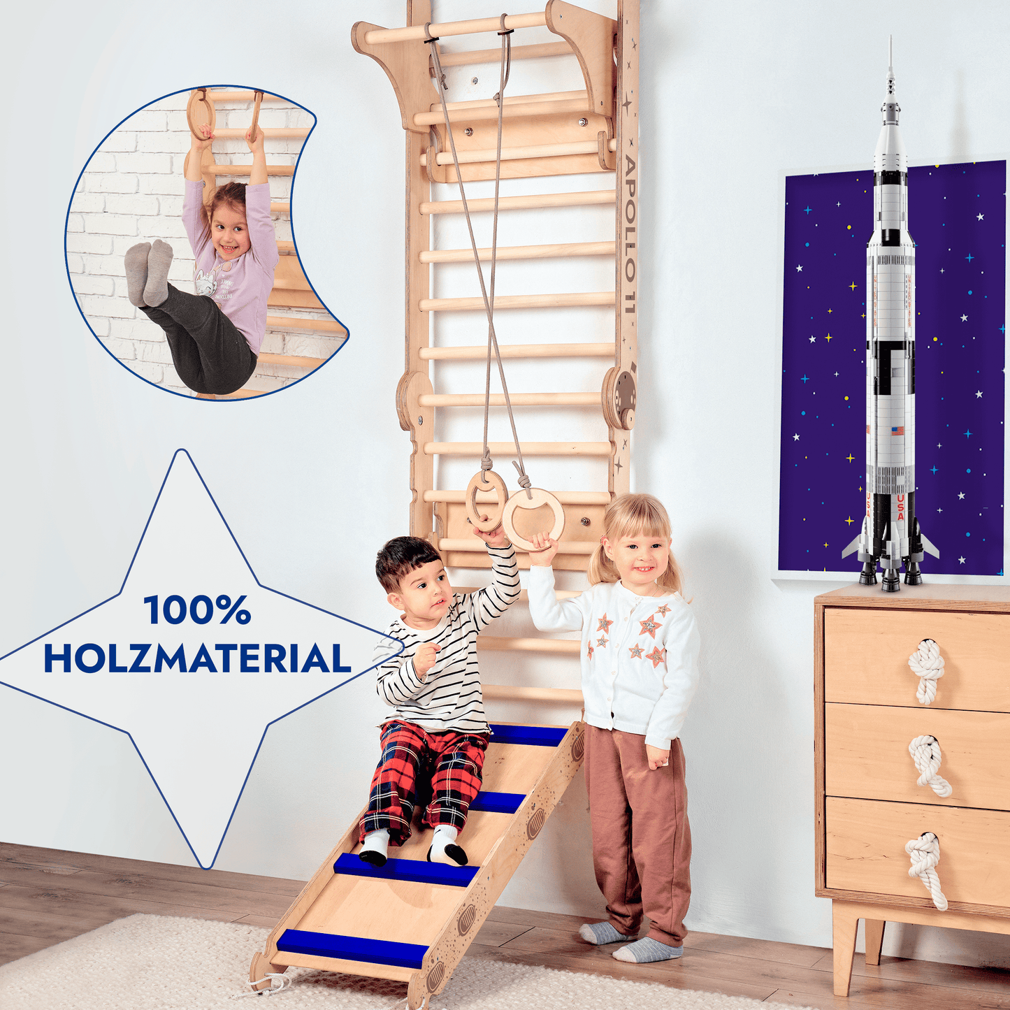 Apollo Swedish wall / climbing ladder for little astronauts + moon swing set + slide board-1