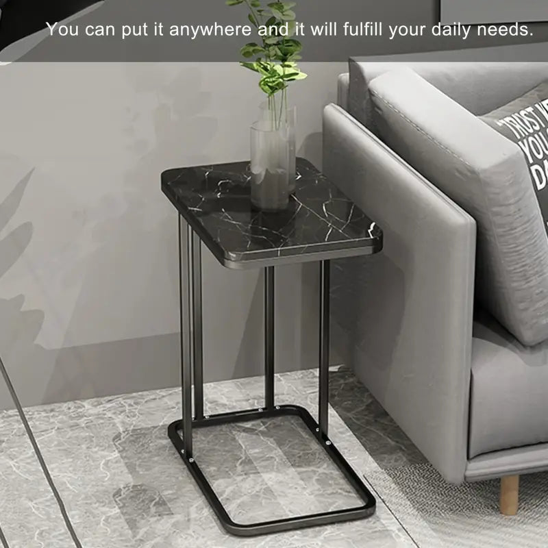Modern Black Marble Pattern Side Table with Metal Pedestal Base-2