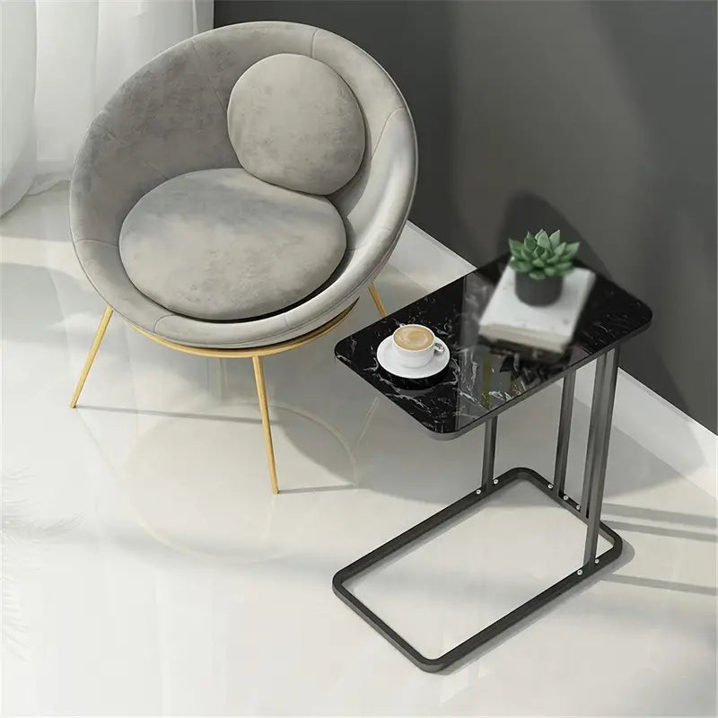 Modern Black Marble Pattern Side Table with Metal Pedestal Base-4