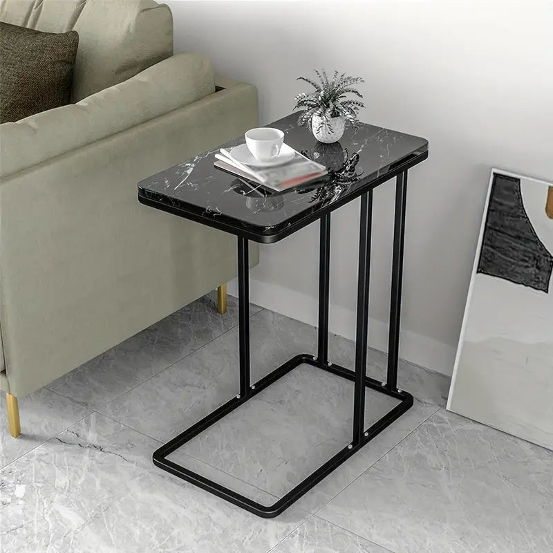Modern Black Marble Pattern Side Table with Metal Pedestal Base-1