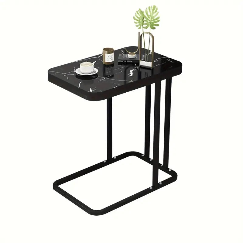 Modern Black Marble Pattern Side Table with Metal Pedestal Base-0