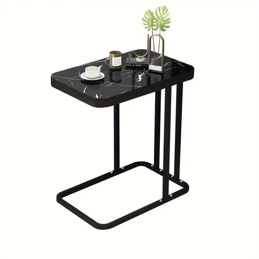 Modern Black Marble Pattern Side Table with Metal Pedestal Base-0