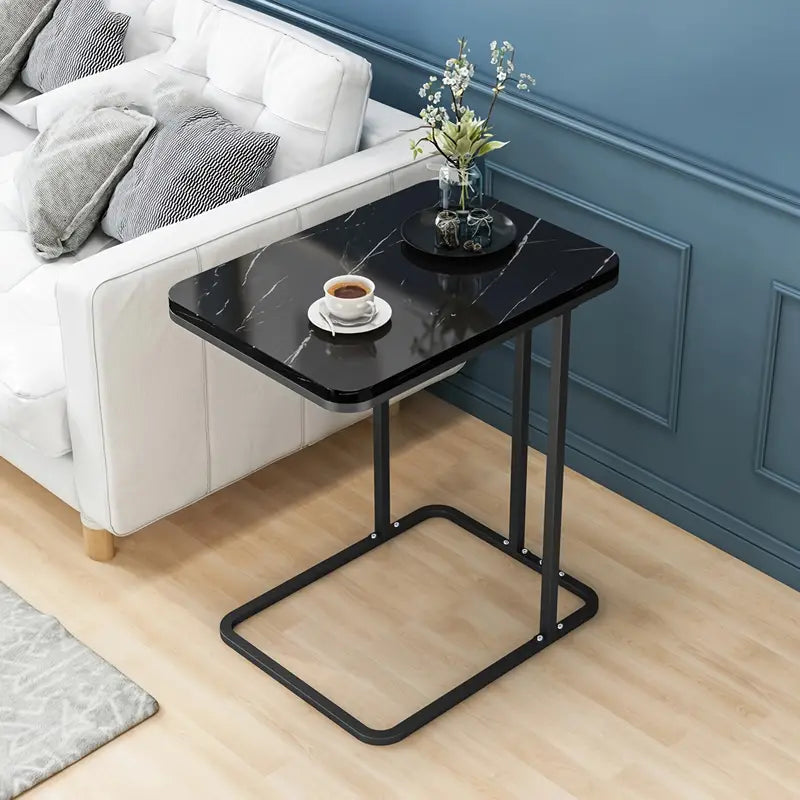 Modern Black Marble Pattern Side Table with Metal Pedestal Base-3