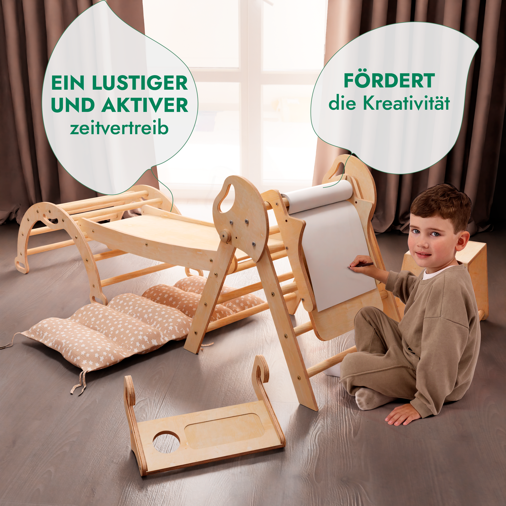 Montessori 5in1 Kletterdreieck für Babys: Pikler-Dreieck, Kletterbogen, Kunst-Erweiterung ,Rutschbrett und Kissen für Kleinkinder (1–3 Jahre)-1