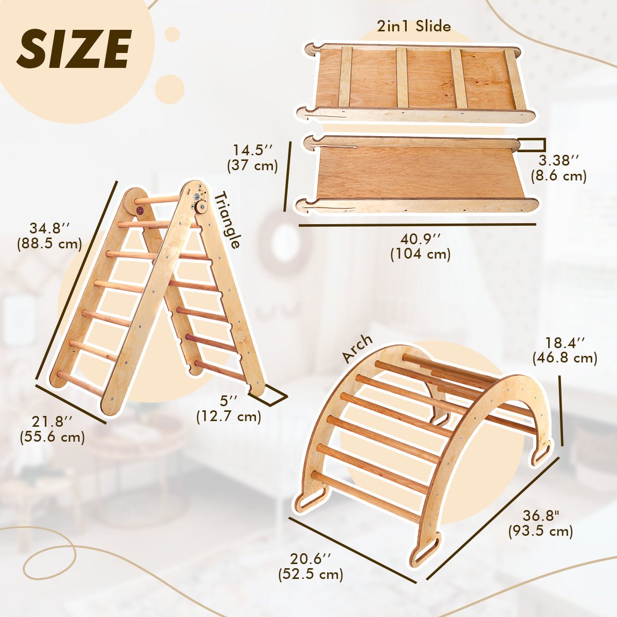 4-in-1 Montessori climbing frame set: climbing triangle with slide, climbing arch with cushion, for children aged 1–7 years – beige-2
