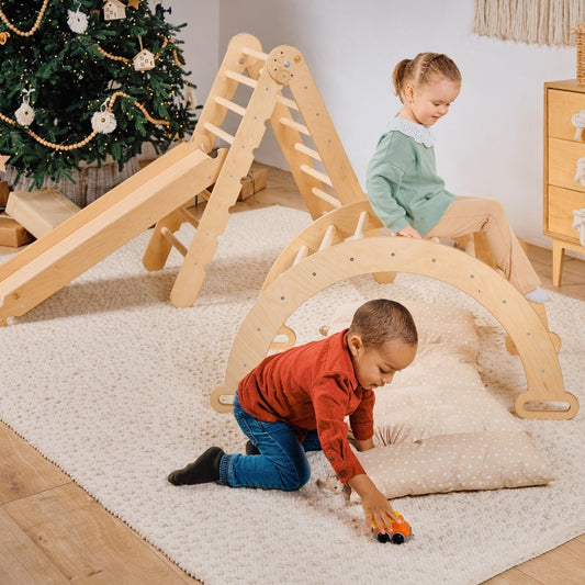 4-in-1 Montessori climbing frame set: climbing triangle with slide, climbing arch with cushion, for children aged 1–7 years – beige-0