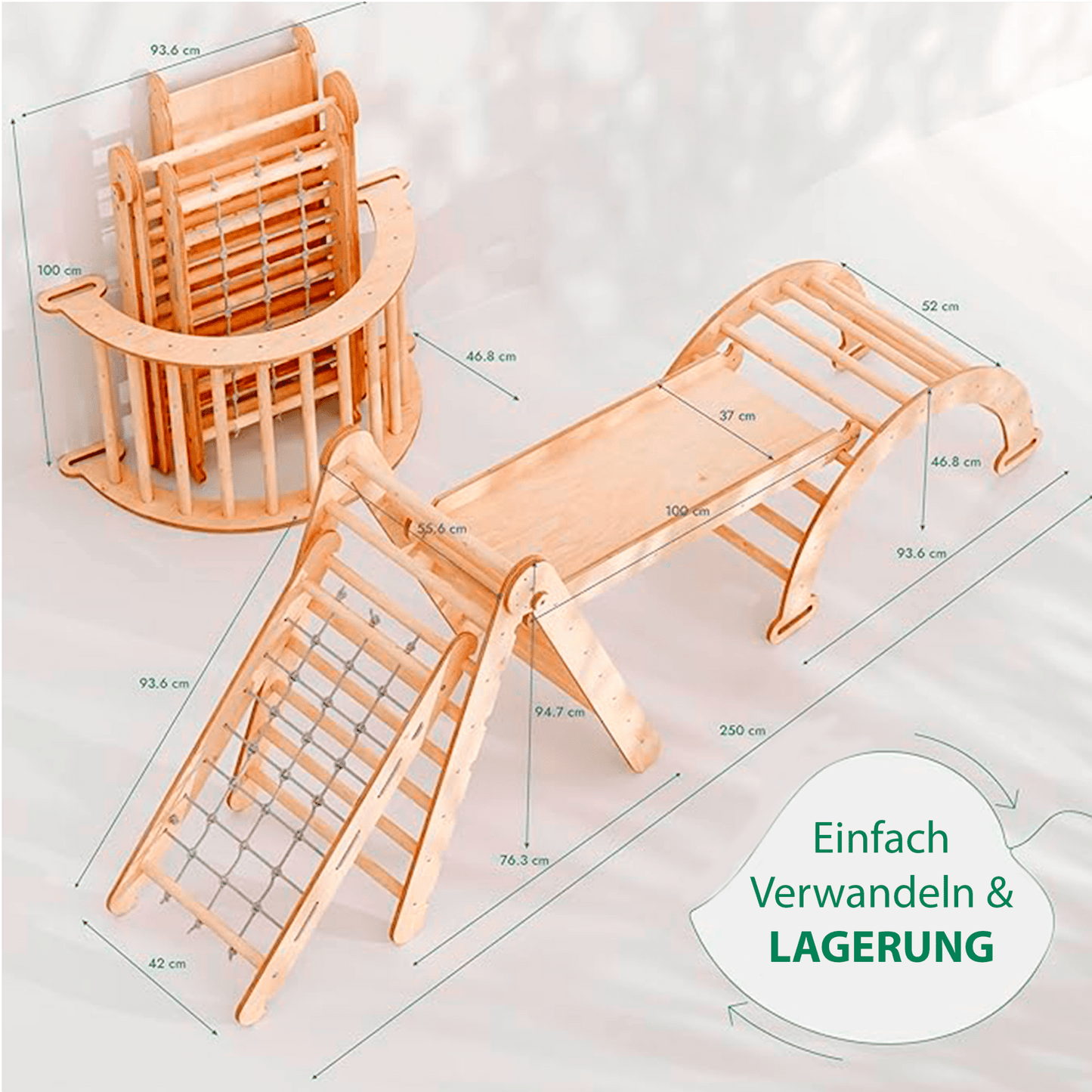 4in1 Montessori Klettergerüst Set: Kletterdreieck mit Rutsche, Kletterbogen, Kletternetz - Gebraucht – Wie neu-1