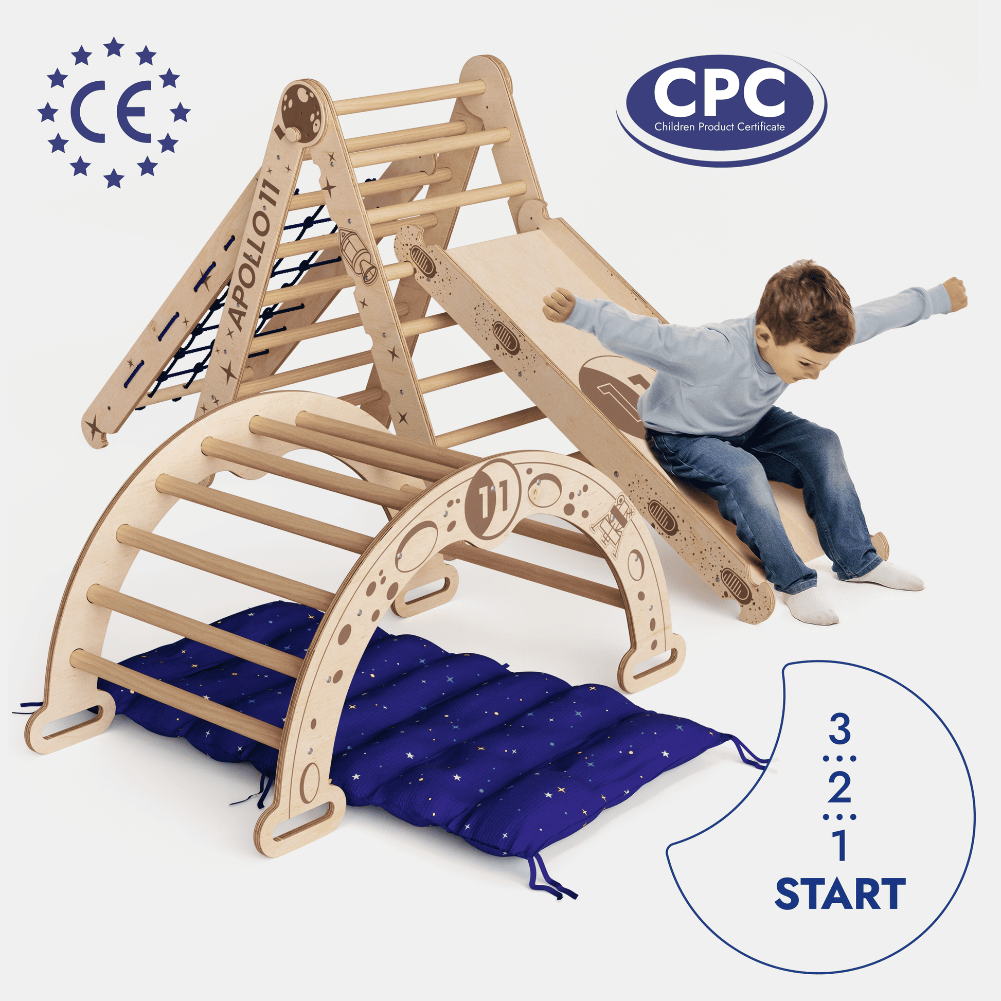 Apollo 5-in-1 climbing set: Pikler triangle, climbing arch, slide board, cushion, and net for little astronauts-3