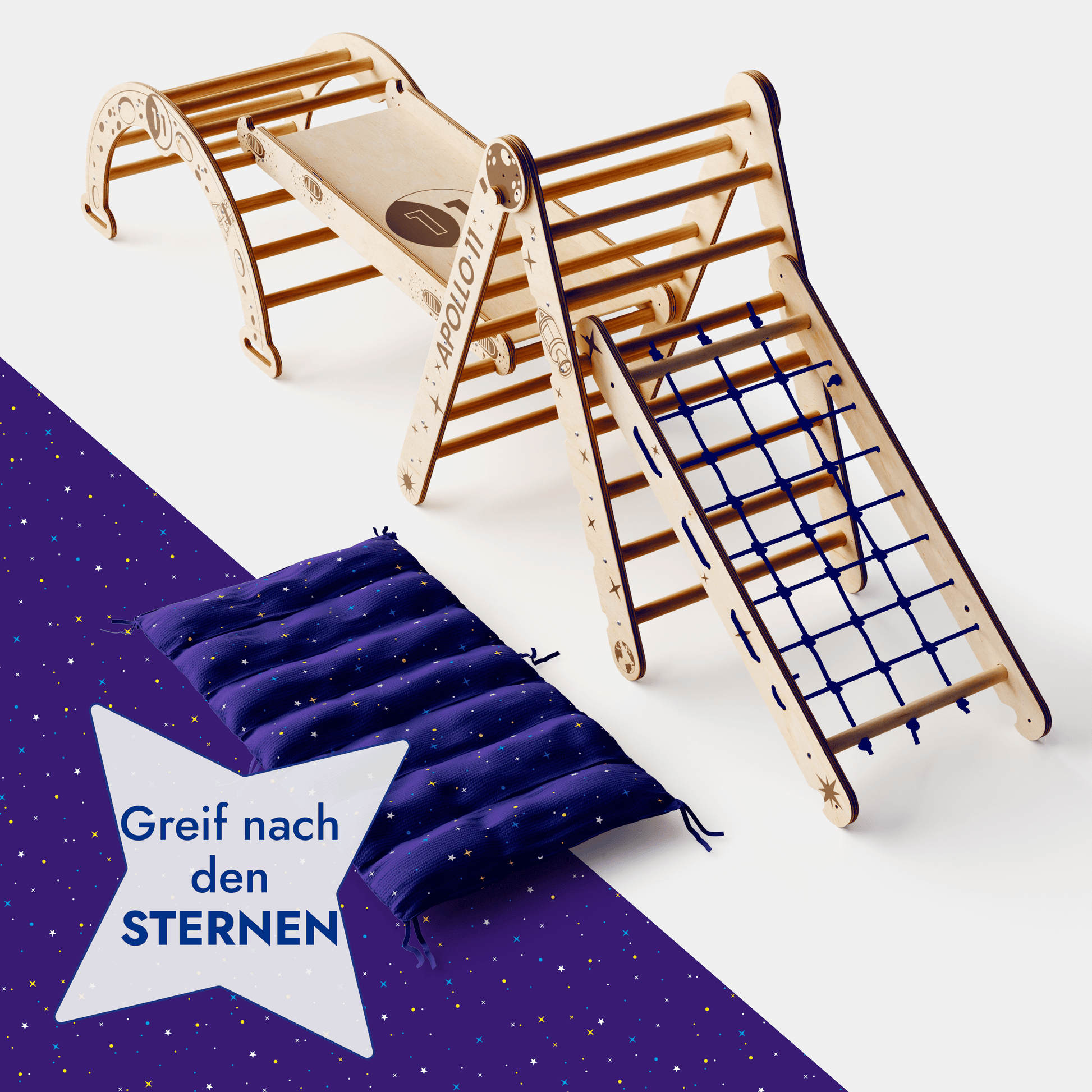 Apollo 5-in-1 climbing set: Pikler triangle, climbing arch, slide board, cushion, and net for little astronauts-4