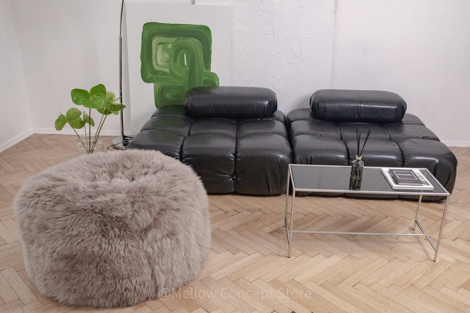 Natural Sheepskin Pouf / Ottoman - Greige-2