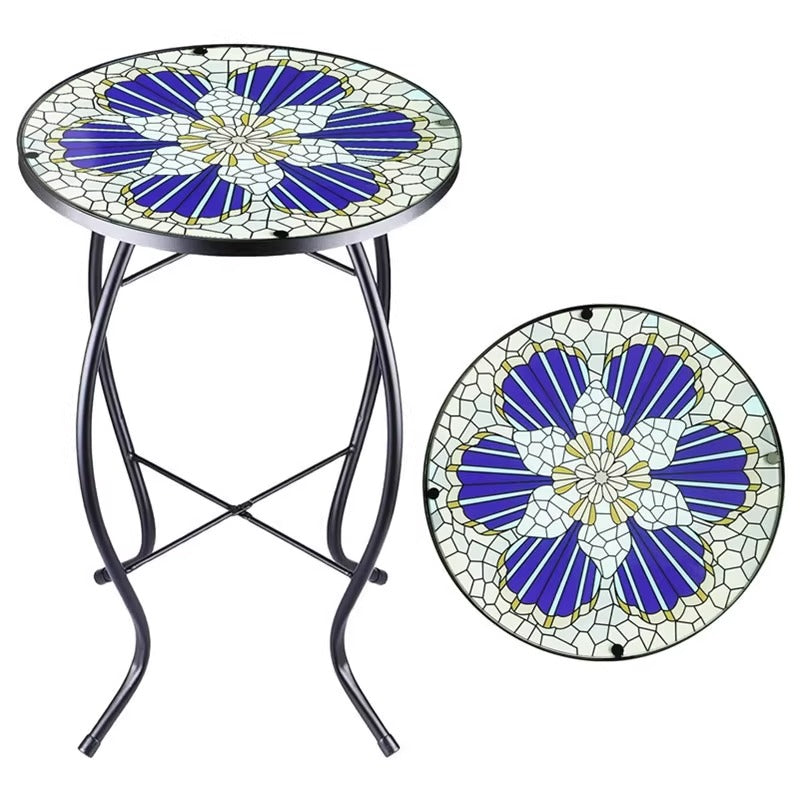 1pc Art Deco Mosaic Patio Side Table with Blue Flower Pattern-0