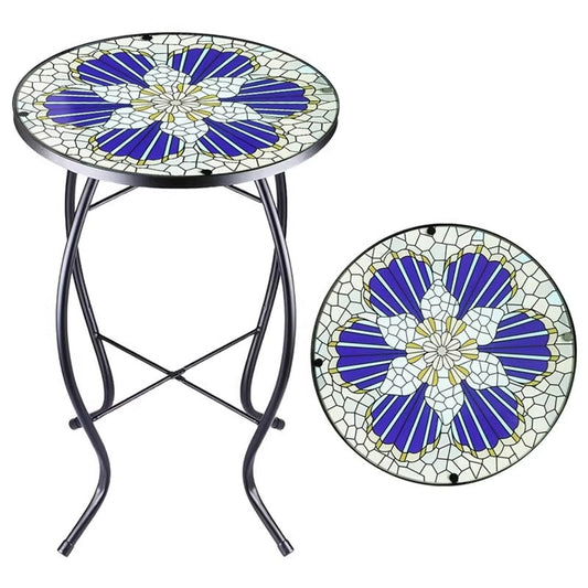 1pc Art Deco Mosaic Patio Side Table with Blue Flower Pattern-0