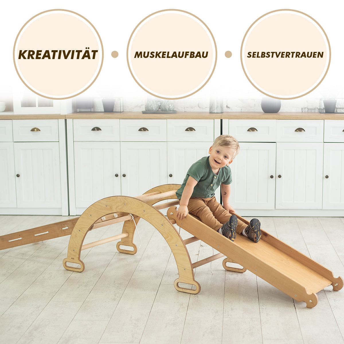 4-in-1 Montessori climbing frame set: climbing triangle with slide, climbing arch with cushion, for children aged 1–7 years – beige-4