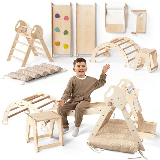 Montessori 5in1 Kletterdreieck für Babys: Pikler-Dreieck, Kletterbogen, Kunst-Erweiterung ,Rutschbrett und Kissen für Kleinkinder (1–3 Jahre)-0